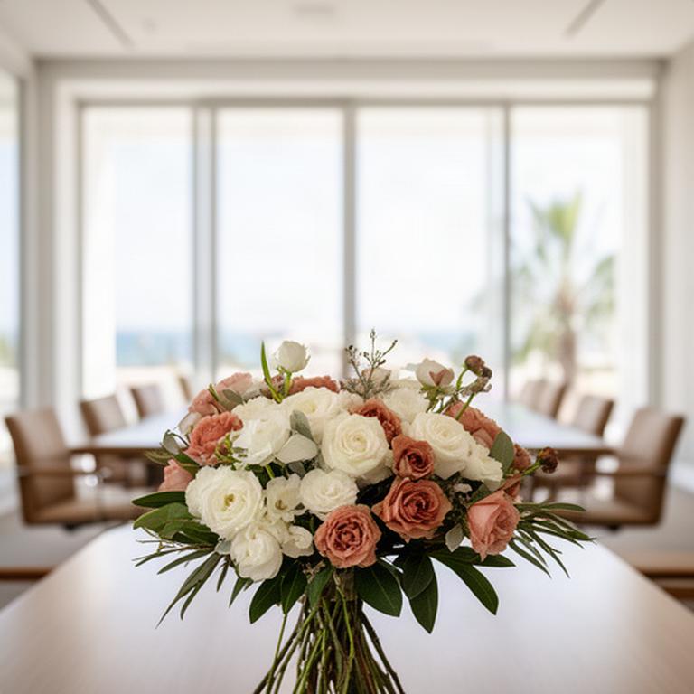 Ramo corporativo de flores frescas sobre una mesa de reuniones luminosa en una oficina de Marbella