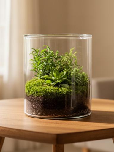 Terrario de interior con musgo y plantas pequeñas sobre una mesa de madera en Marbella